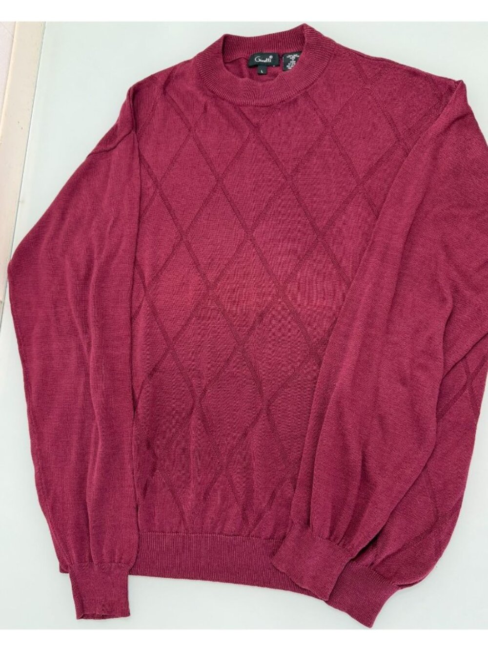 Genelli Sweater Men's L Silk Blend Maroon Argyle Diamond Long Sleeve Pullover